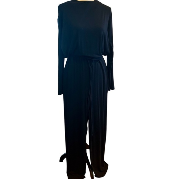 Chic Black Jumpsuit with Blouson Top Long Sleeves and Wide-Leg Pants size XL - Picture 1 of 15